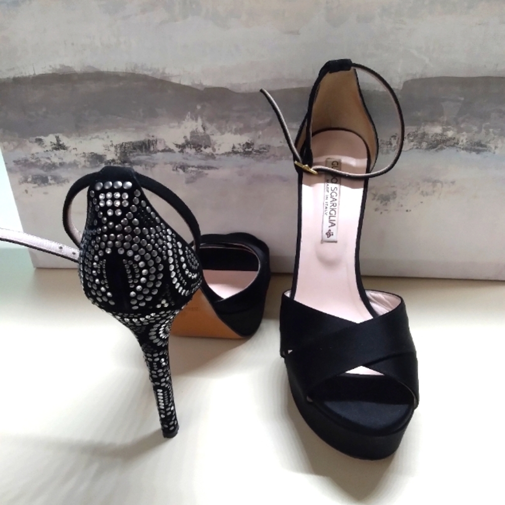 Guido Sgariglia Black Satin w/ Silver Rhinestones High Heels Platform Sandals